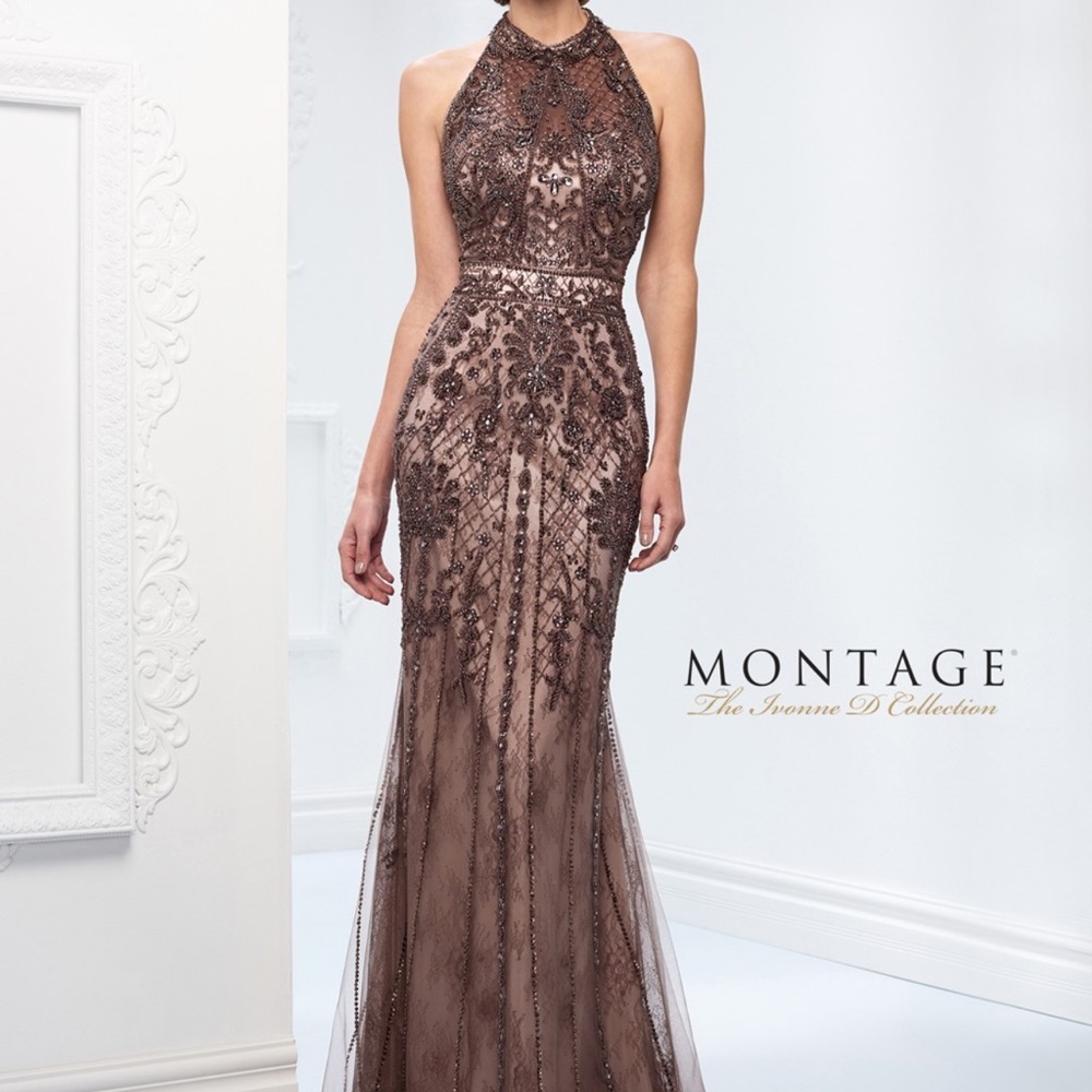 Montage by Mon Cheri Brown Embellished Halter Evening Gown